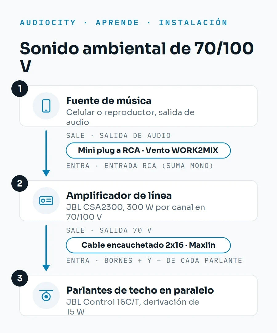 ¿Cómo funciona el sonido ambiental de 70/100 V y cómo se conecta?