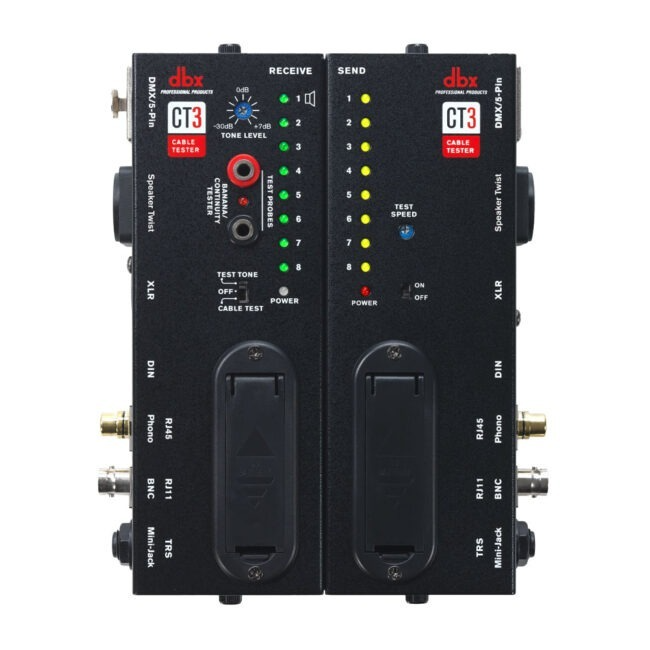 Probador de cables dbx CT3 con conectores XLR, TRS, DMX y RJ45