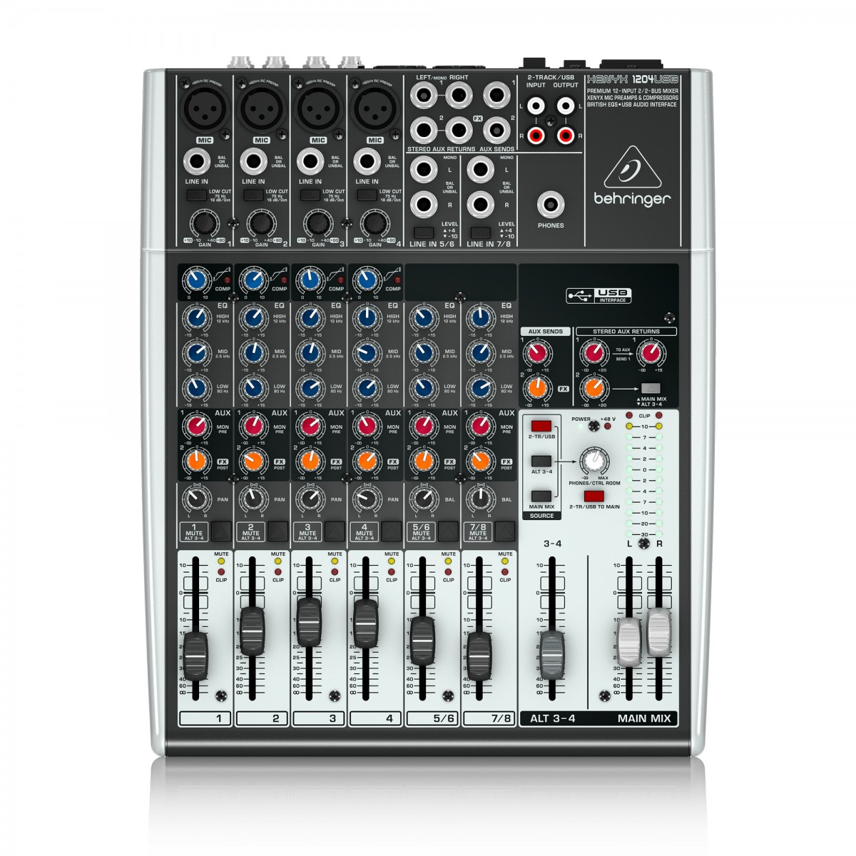 Mezclador análogo Behringer 1204USB de 4 entradas híbridas