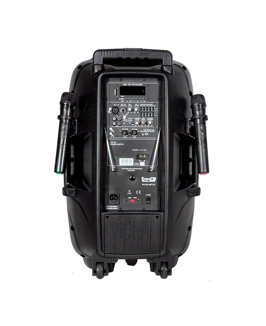 Cabina activa recargable Pro DJ PS15A-MP3-B de 15 pulgadas con Bluetooth