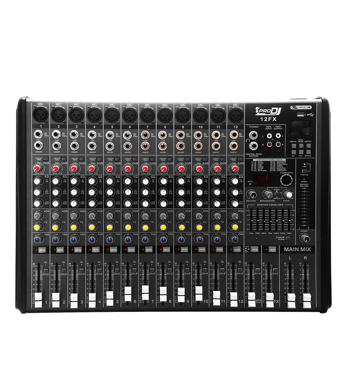 Consola análoga Pro DJ 12FX de 12 entradas con Bluetooth y efectos
