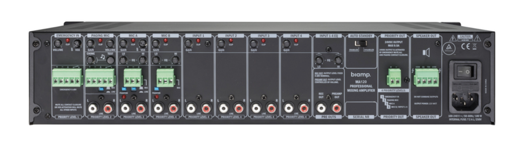 Mezclador-amplificador Biamp Community MA120 de 120 W para línea 70/100 V