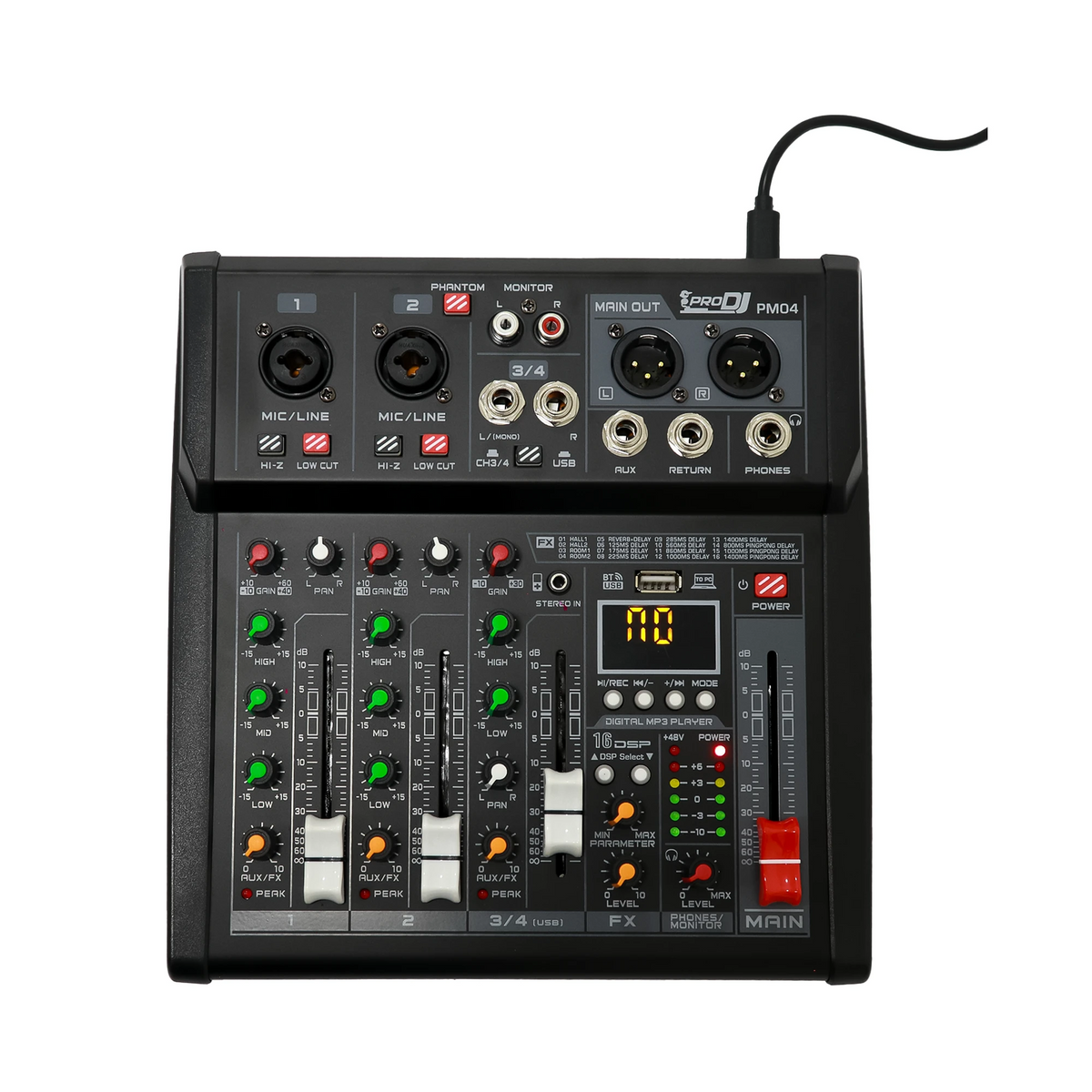 Consola análoga Pro DJ PM04 de 4 canales con Bluetooth y USB