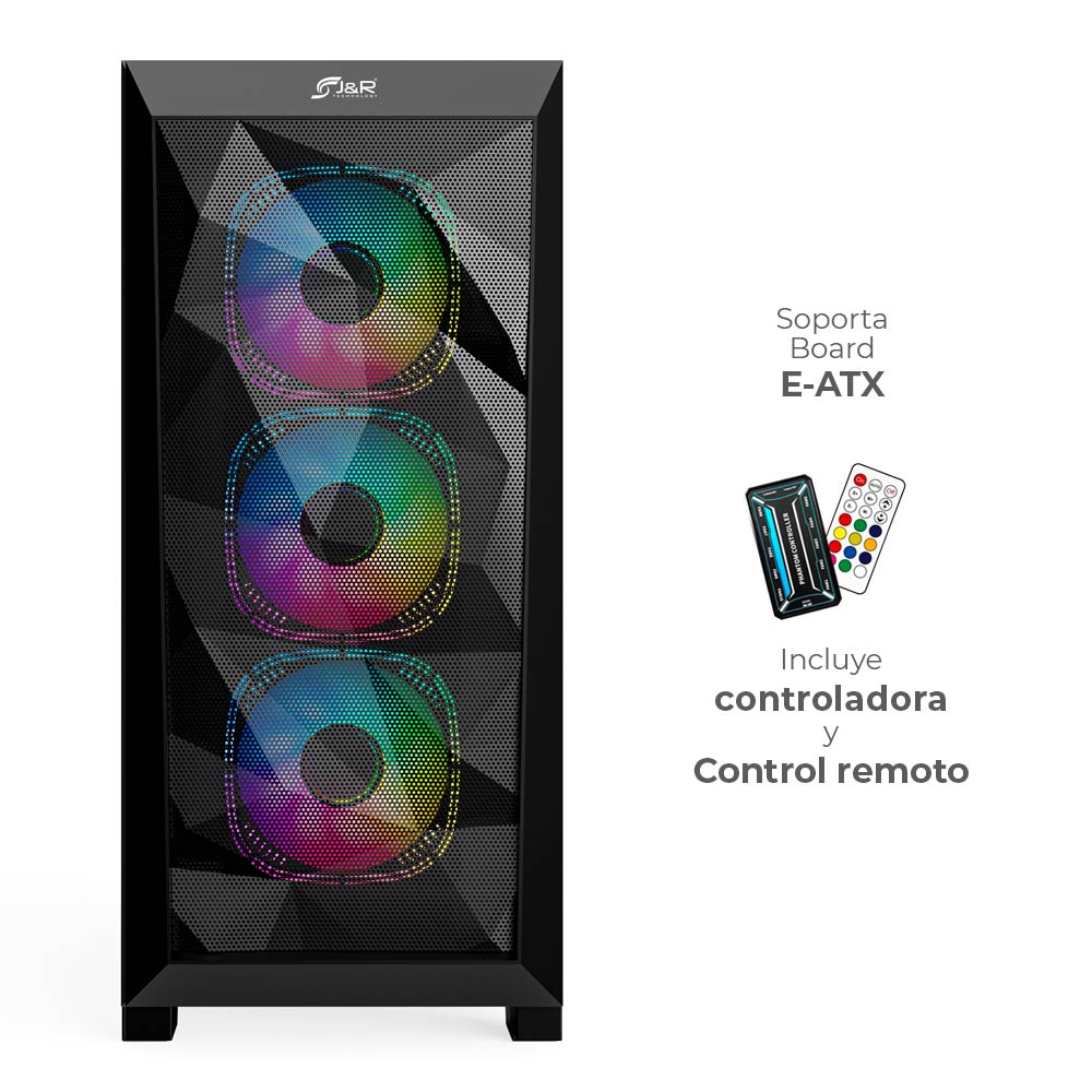 Chasis gamer J&R JX123 con coolers ARGB y panel de vidrio templado