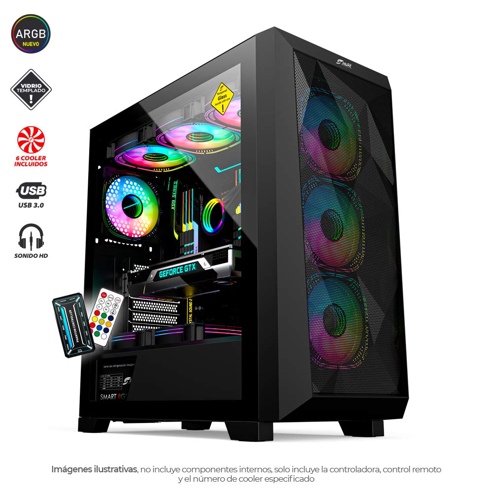 Chasis gamer J&R JX123 con coolers ARGB y panel de vidrio templado