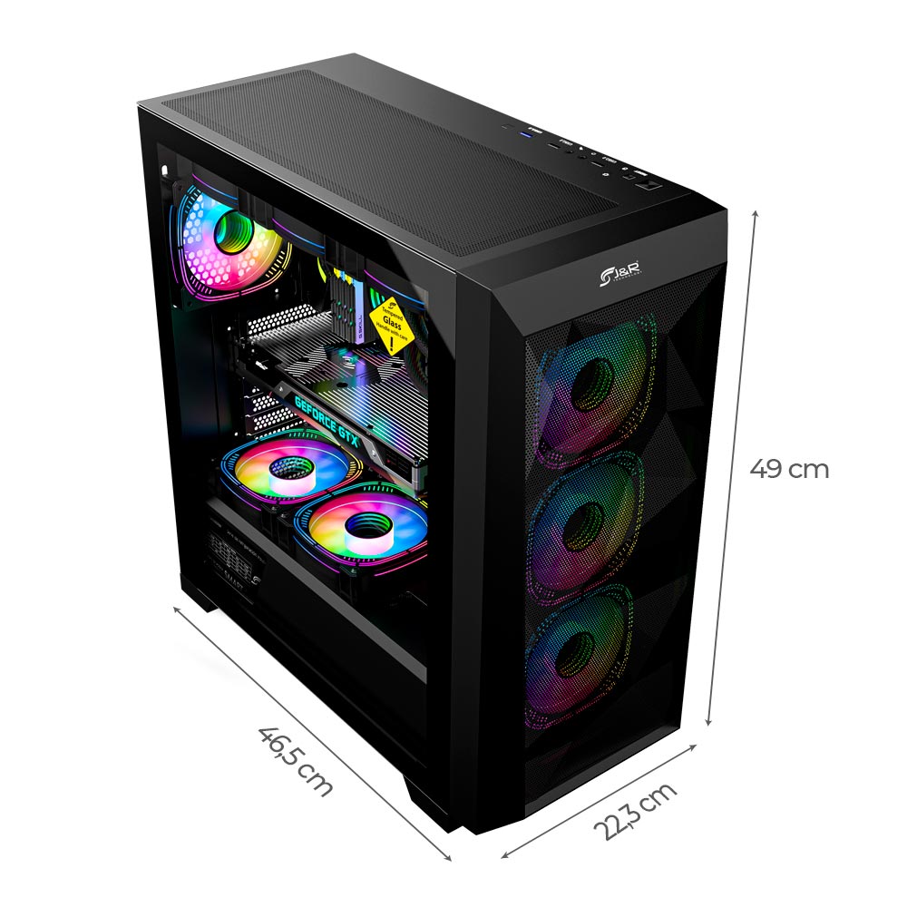 Chasis gamer J&R JX123 con coolers ARGB y panel de vidrio templado