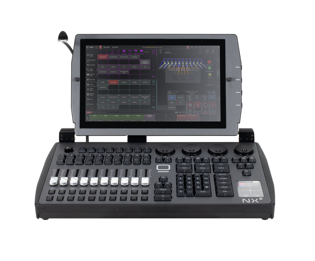 Consola de iluminación Obsidian NX2 con faders y pantalla táctil