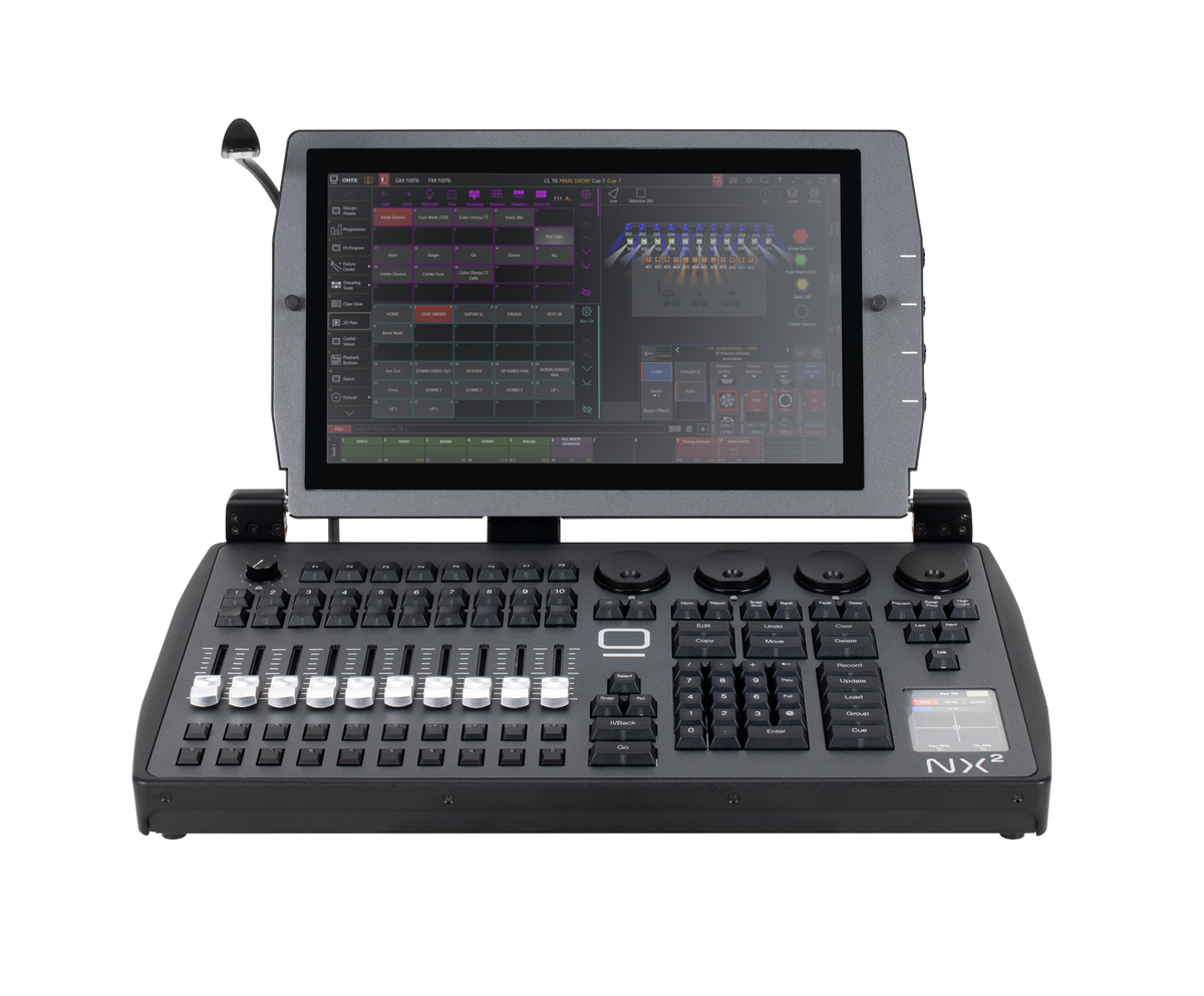 Consola de iluminación Obsidian NX2 con faders y pantalla táctil