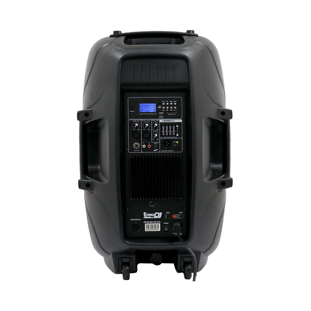 Cabina activa Pro DJ PB15E-MP3-OP SYS de 15 pulgadas con micrófono y trípode