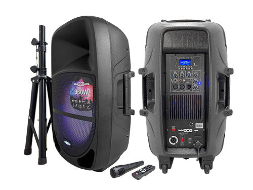 Cabina activa Maxlin MX15E de 15 pulgadas con trípode y micrófono