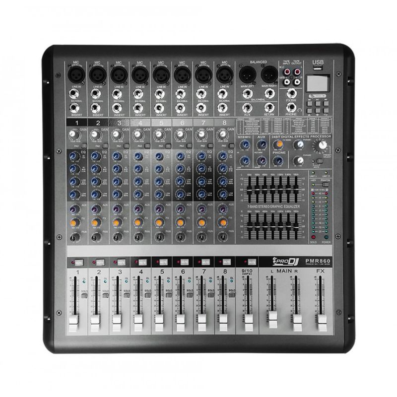 Consola activa Pro DJ PMR860 de 8 entradas híbridas con USB y Bluetooth
