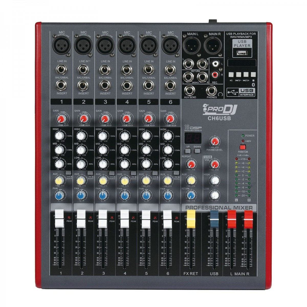 Mezclador análogo Pro DJ CH6 USB de 6 entradas híbridas con Bluetooth