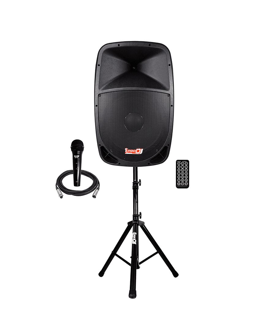 Cabina activa Pro DJ PB15E-MP3 SYS de 15 pulgadas con trípode y micrófono