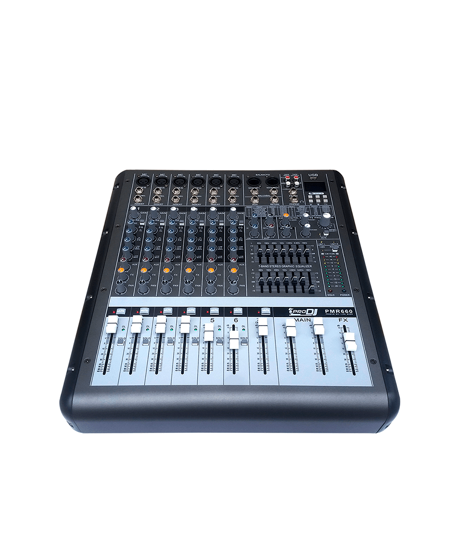 Consola activa Pro DJ PMR660 de 6 entradas híbridas con USB y Bluetooth