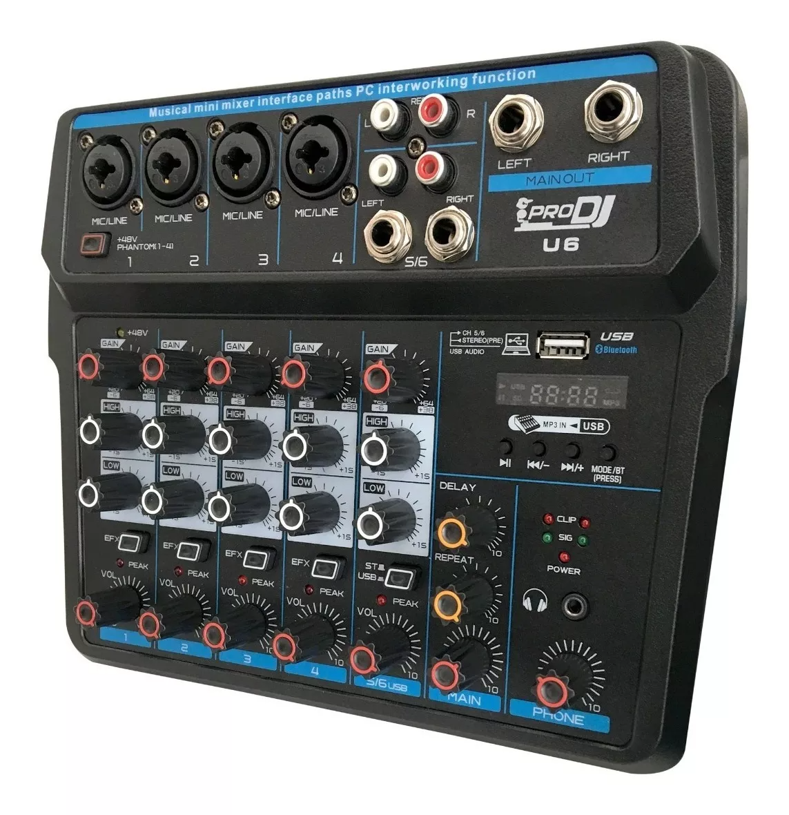 Consola análoga Pro DJ U6 con reproductor USB y Bluetooth