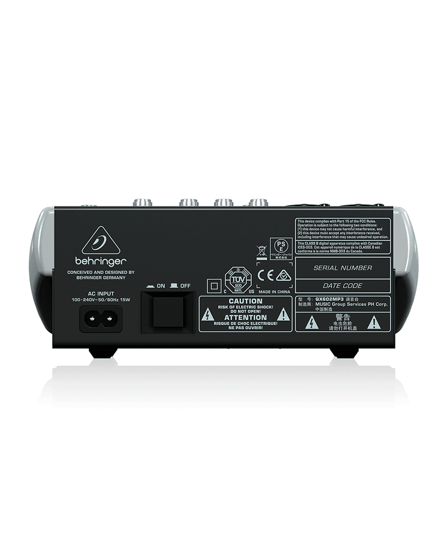Mezclador análogo Behringer QX602MP3 de 2 entradas híbridas con reproductor MP3