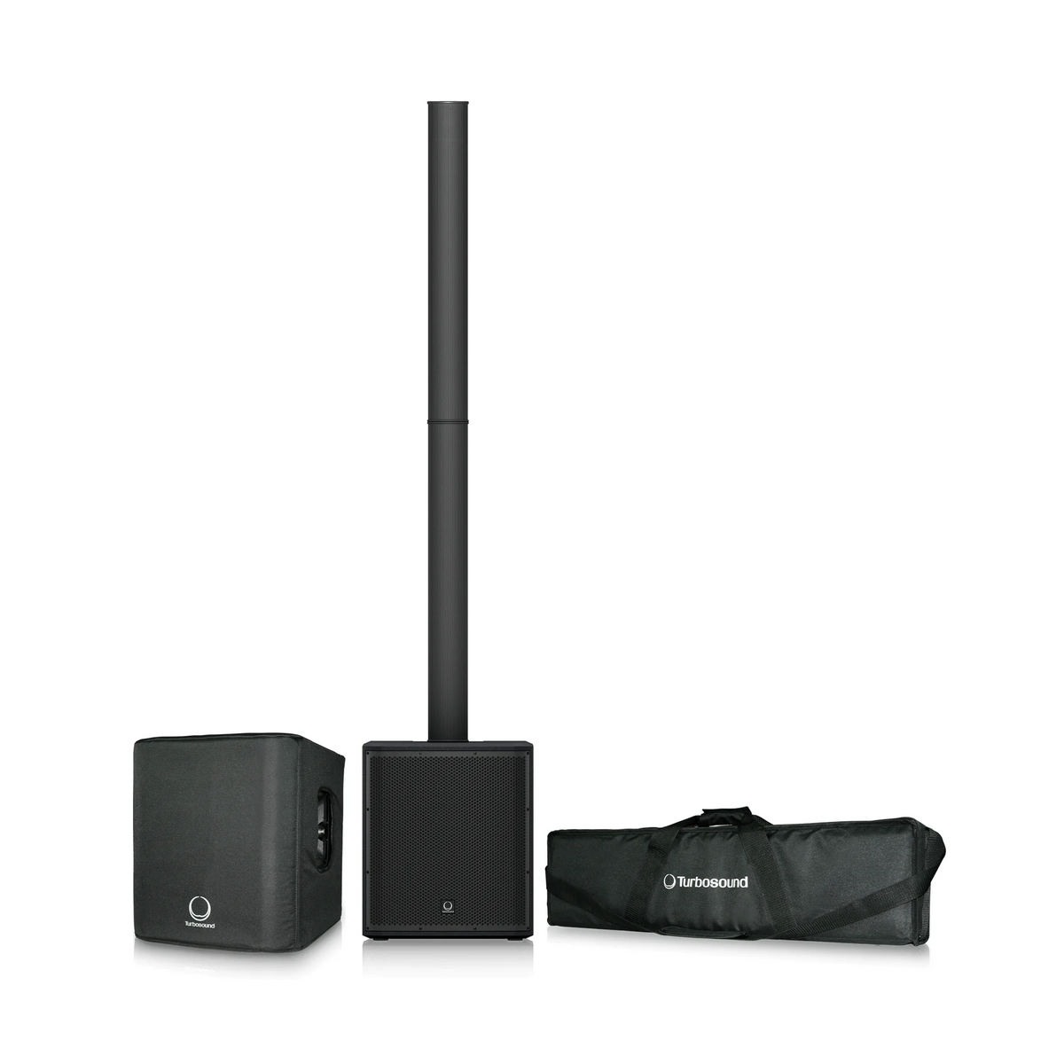 Sistema line array vertical activo Turbosound iP2000 con subwoofer y columna