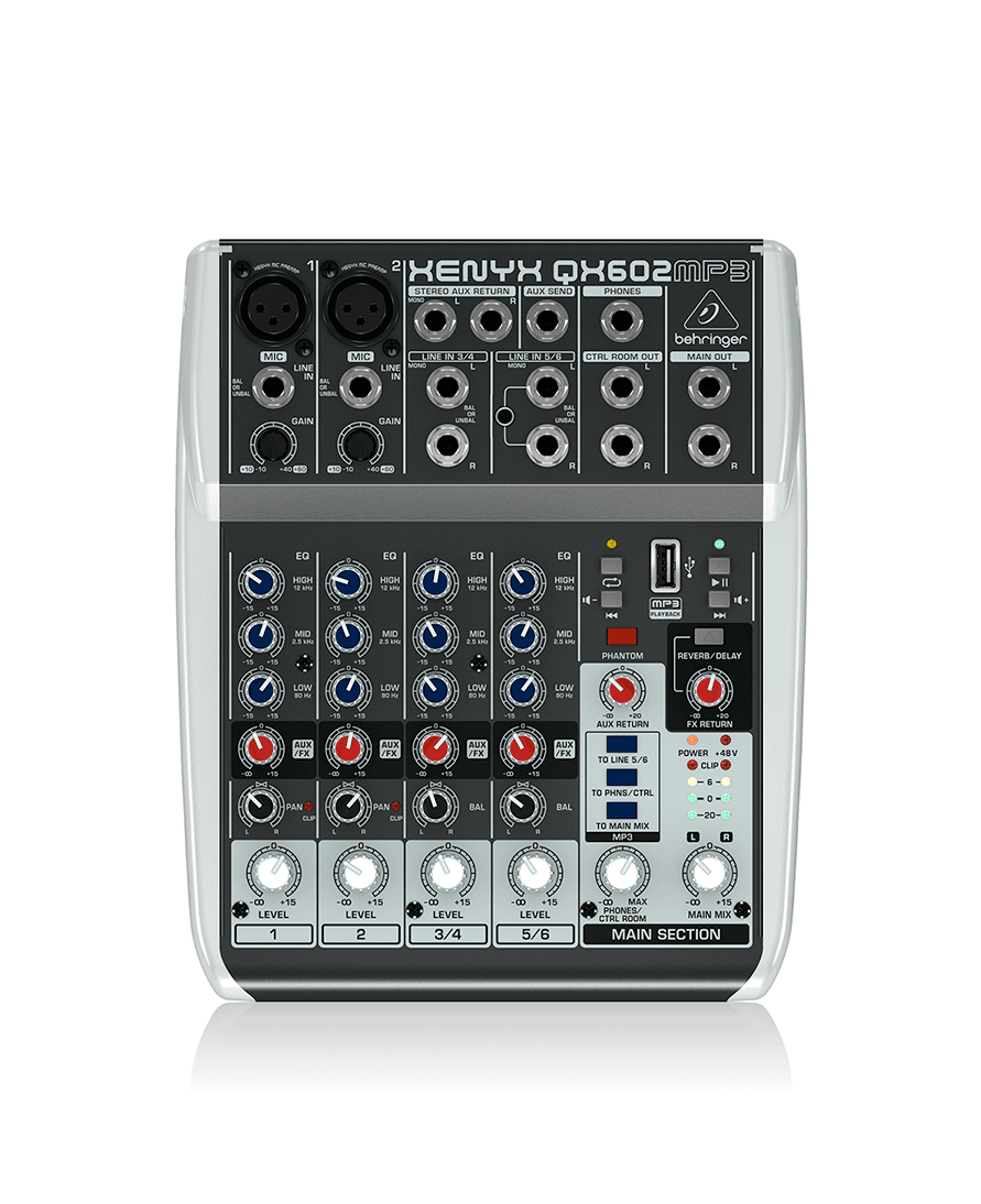 Mezclador análogo Behringer QX602MP3 de 2 entradas híbridas con reproductor MP3
