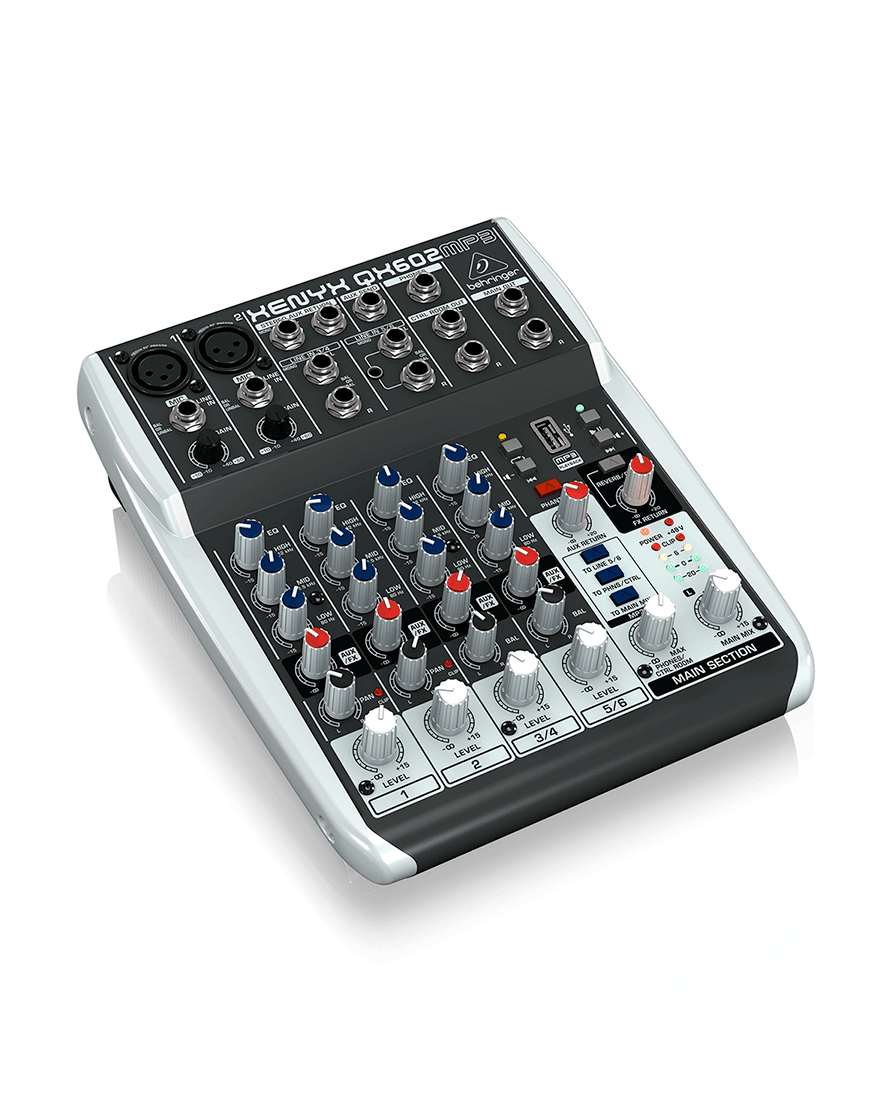 Mezclador análogo Behringer QX602MP3 de 2 entradas híbridas con reproductor MP3