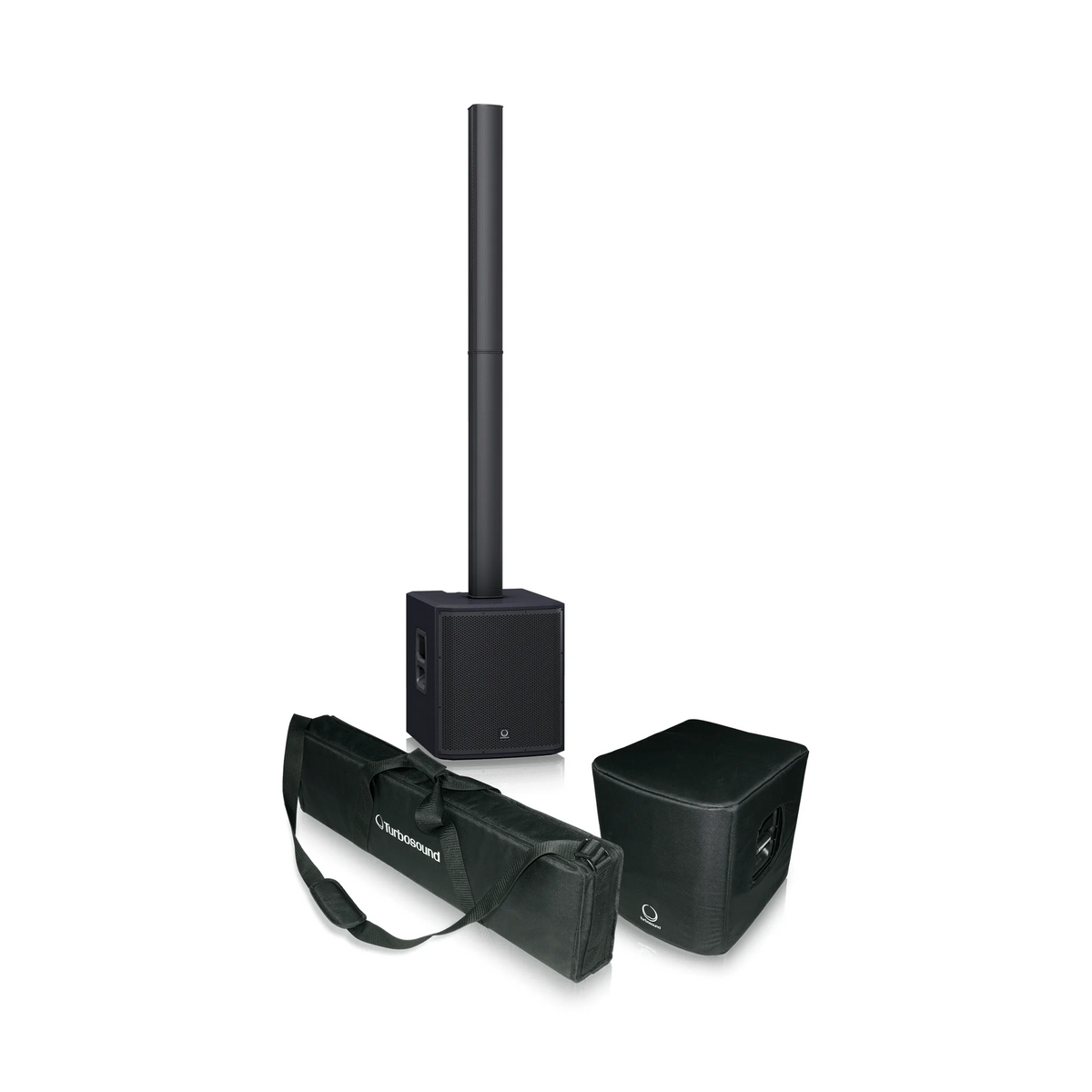 Sistema line array vertical activo Turbosound iP2000 con subwoofer y columna