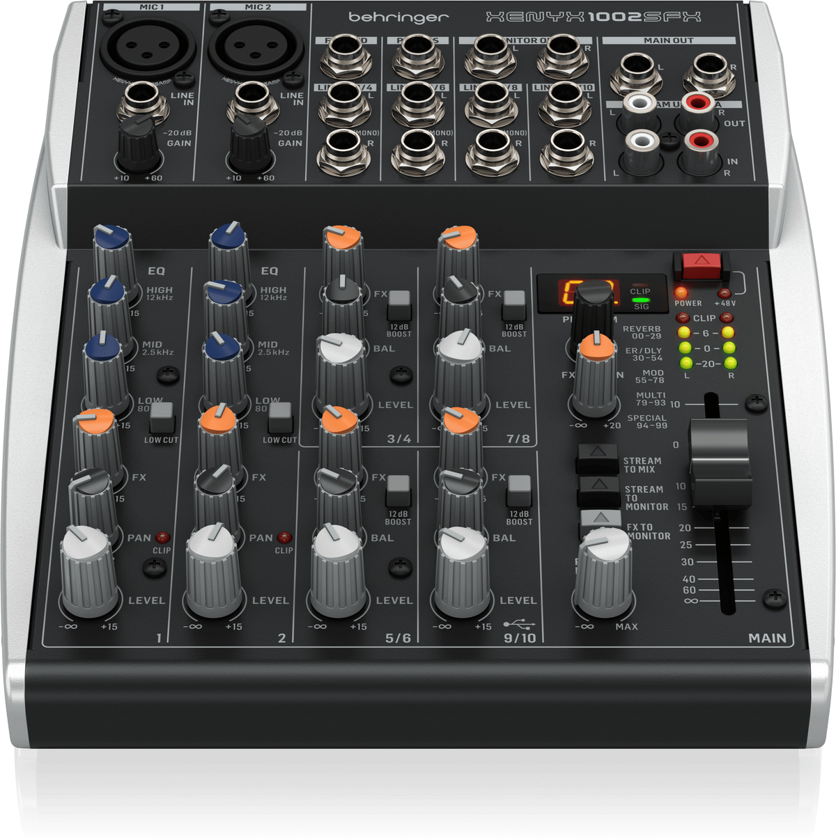 Mezclador analógico Behringer XENYX 1002SFX de 10 entradas con USB