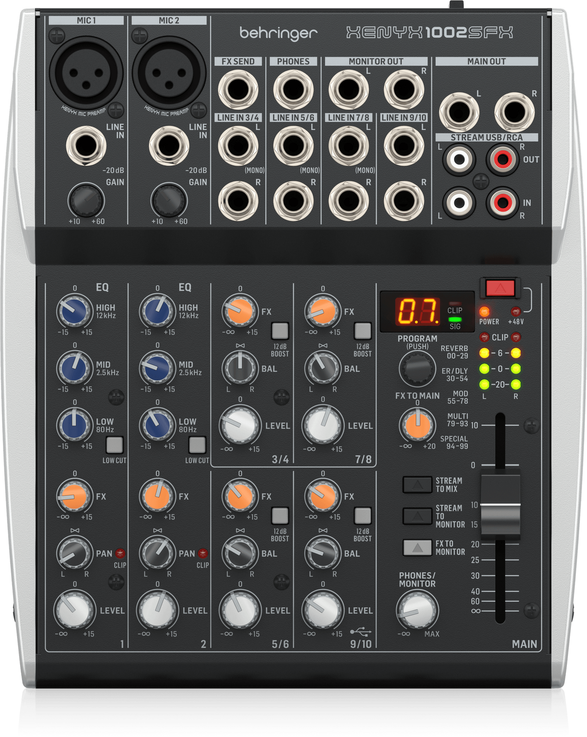 Mezclador analógico Behringer XENYX 1002SFX de 10 entradas con USB