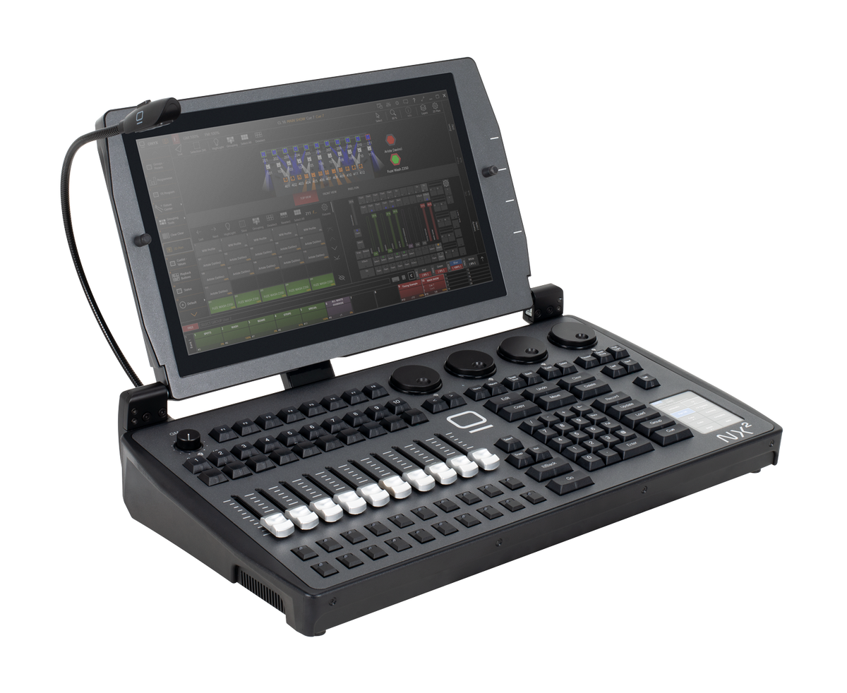 Consola de iluminación Obsidian NX2 con faders y pantalla táctil