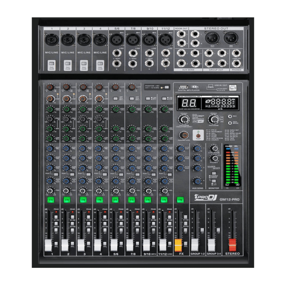 Consola pasiva Pro DJ GM12-PRO de 12 canales con USB y Bluetooth