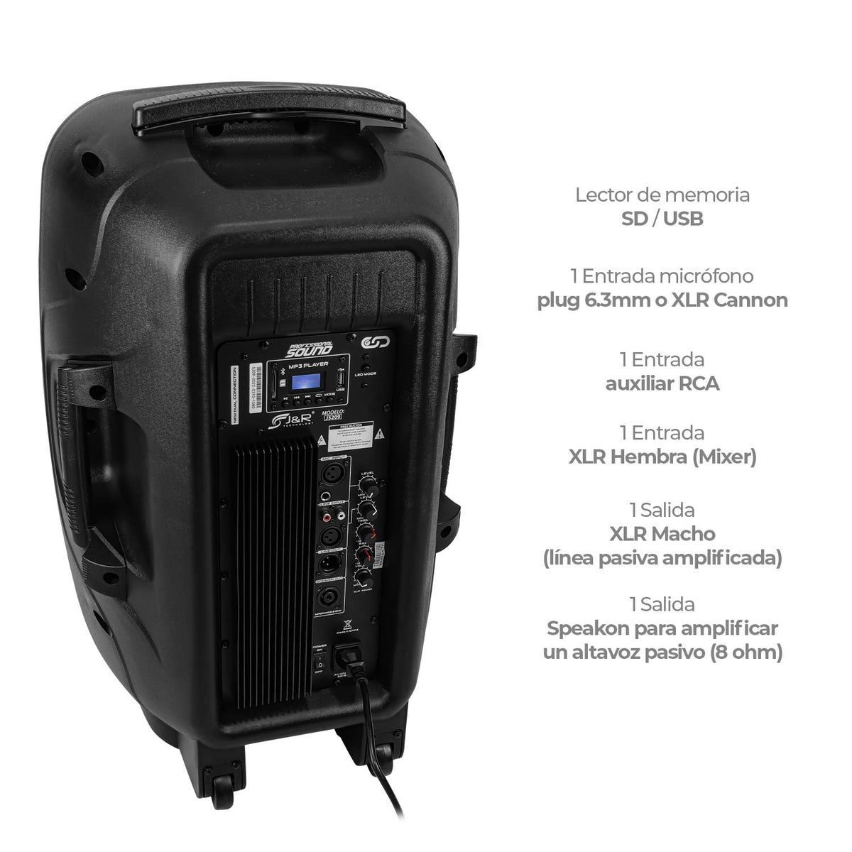 J&R J5209 Cabina activa 15" con luces RGB, pantalla LCD y Bluetooth