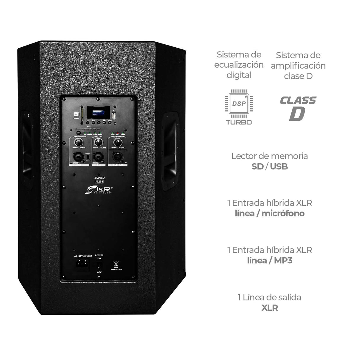 J&R J5253 Wooden X Cabina activa 12" 350 W clase D con módulo MP3