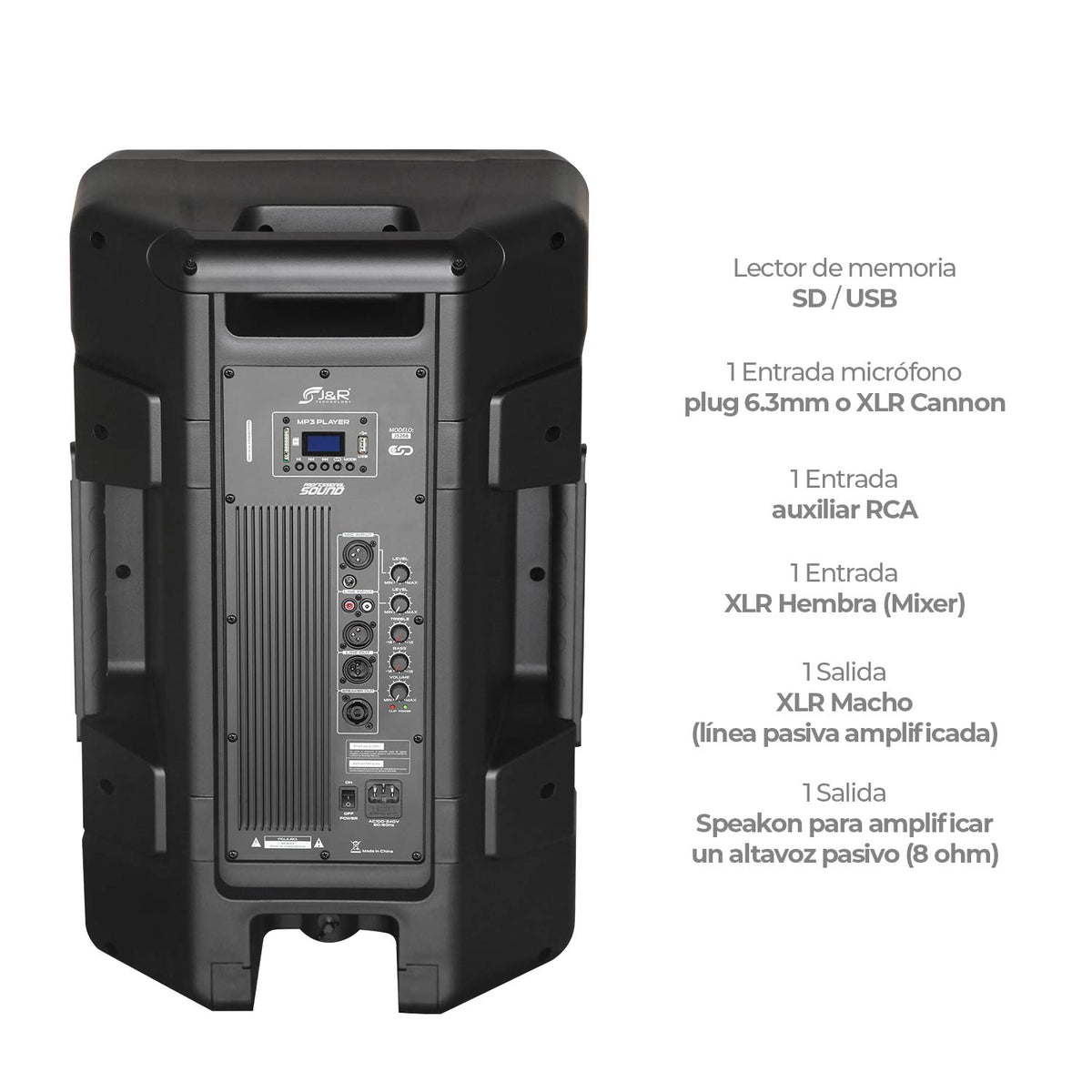 J&R J5268 Cabina activa 12" con Bluetooth 5.0, panel MP3 y control remoto