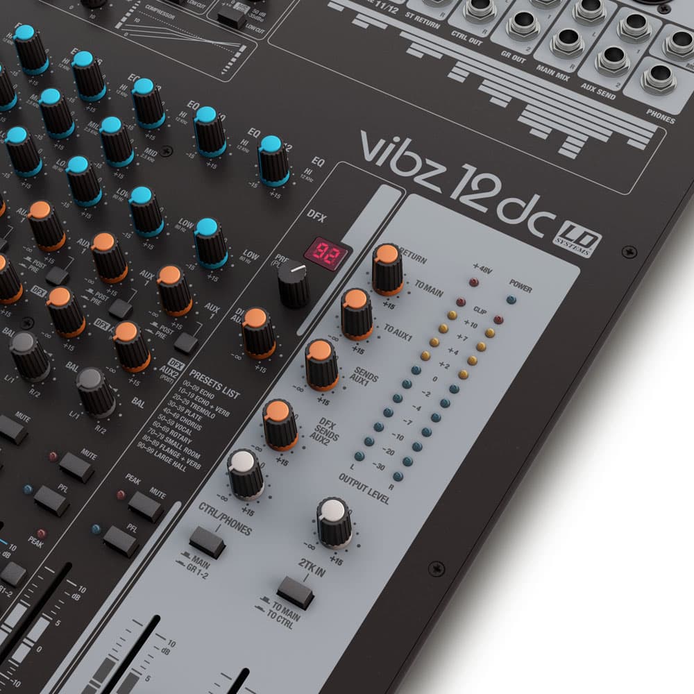 LD Systems VIBZ 12 DC Consola de mezclas análoga 12 canales con compresor y efectos digitales