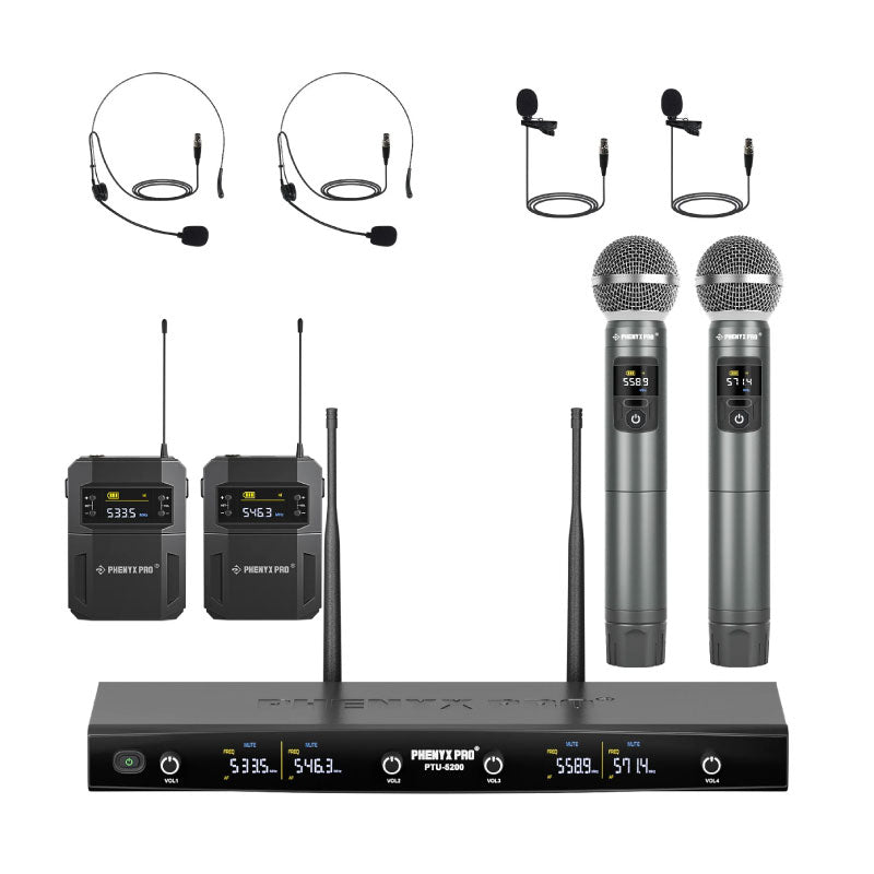 Phenyx Pro PTU-5200-2H2B Sistema inalámbrico UHF 4 canales (2 de mano + 2 bodypack)