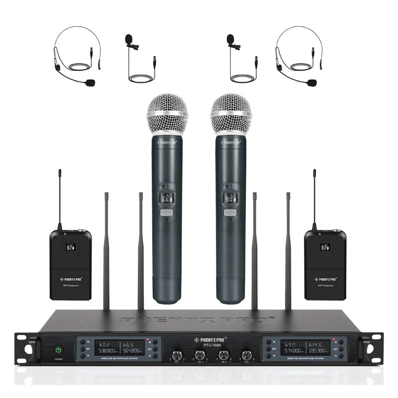 Phenyx Pro PTU-7000-2H2B Sistema inalámbrico UHF 4 canales (2 de mano + 2 bodypack)