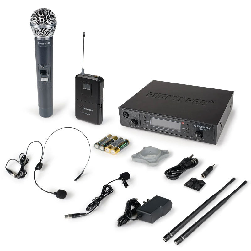 Phenyx Pro PTU-71-1H1B Sistema inalámbrico UHF 2 canales mano y bodypack