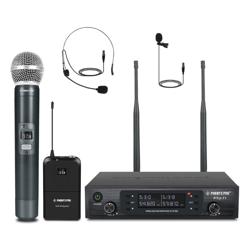 Phenyx Pro PTU-71-1H1B Sistema inalámbrico UHF 2 canales mano y bodypack