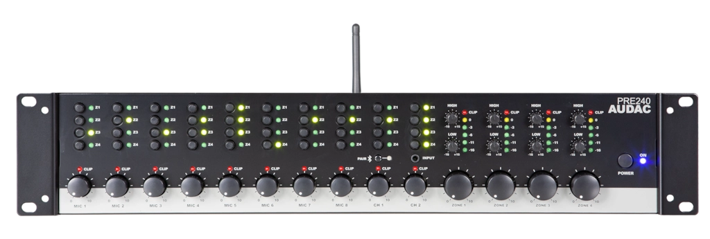 Audac PRE-240 Preamplificador mezclador 8 micrófonos 4 zonas